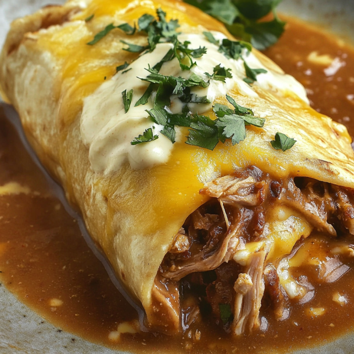 Plate of saucy burritos—possibly chicken—with beans and rice on the side.