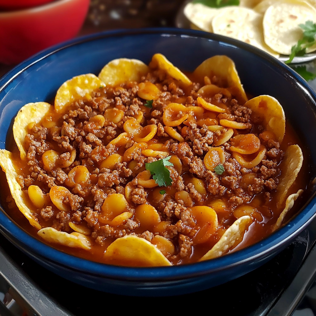 A bowl of conchitas with ground beef, topped with a slice of cheese and a sprig of parsley.