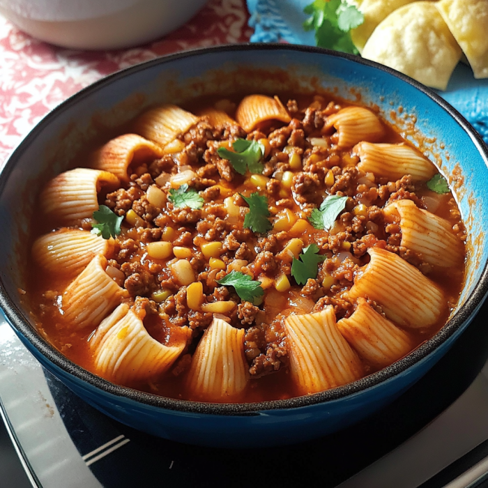 A bowl of conchitas with ground beef, a delicious Mexican dish.