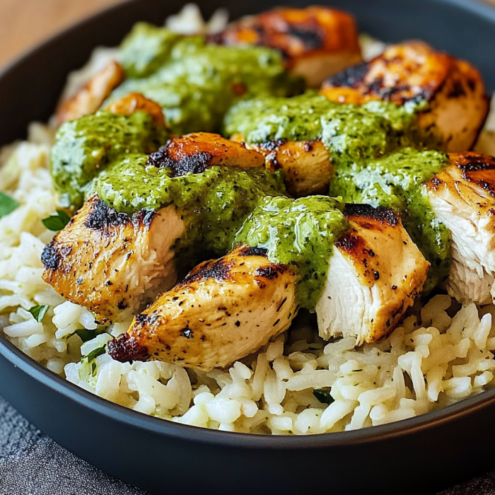 A bowl of rice and chicken with a green sauce, possibly Peruvian chicken and rice with green sauce.