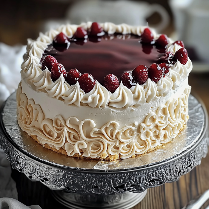 A slice of cake with white frosting and red berries on top.