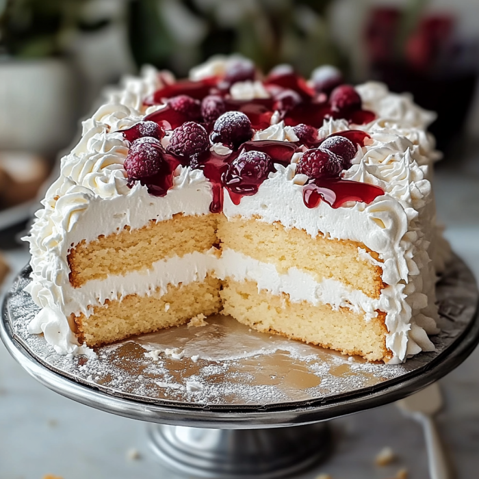 A slice of cake with white frosting and raspberries on top.