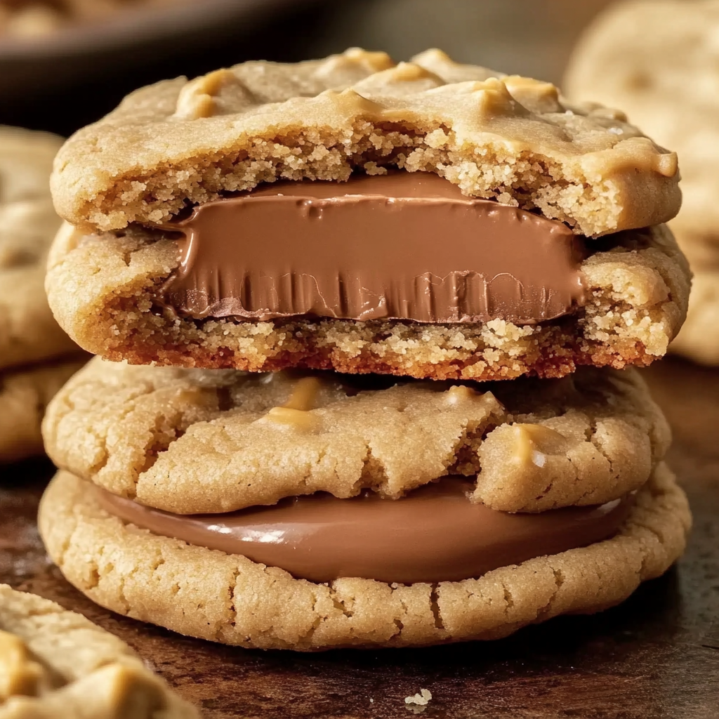 A close up of a Triple Peanut Butter Cookie with chocolate drizzled on top.