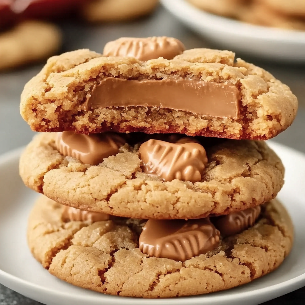 A stack of chocolate chip cookies with a drizzle of caramel on top.