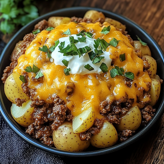 A bowl of delicious chili cheese potatoes with a dollop of sour cream on top.