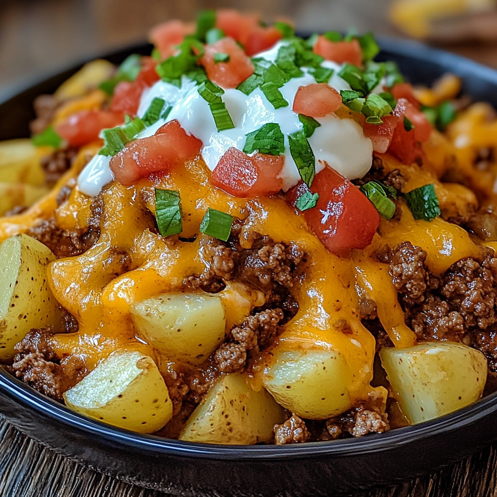 A delicious meal of chili cheese fries with tomatoes and sour cream on top.