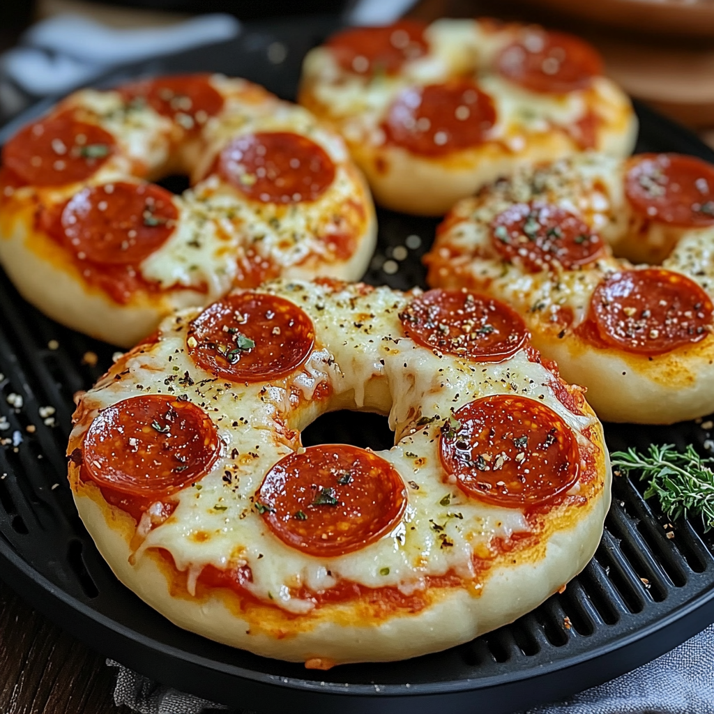 A homemade air fryer pizza bagel with pepperoni and cheese.