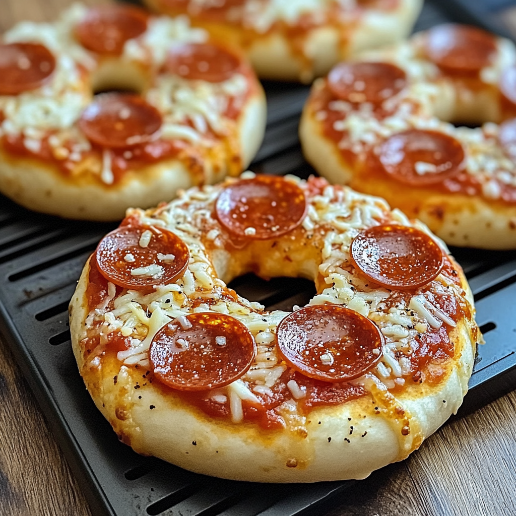 A homemade air fryer pizza bagel with pepperoni and cheese.