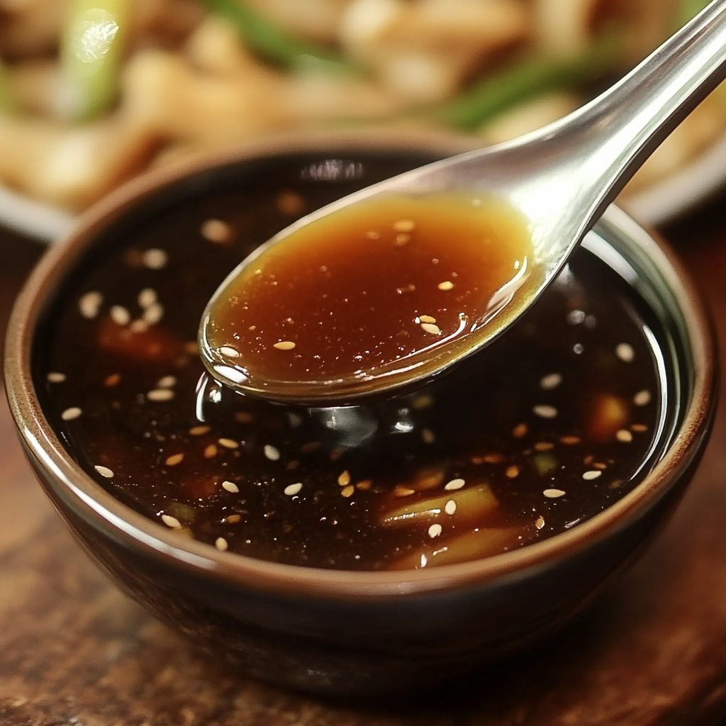 A bowl of sauce is being poured into a spoon, ready to be served with a meal.
