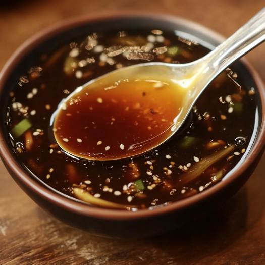 A bowl of soup with a spoon in it, the soup is made with soy sauce and sesame seeds.