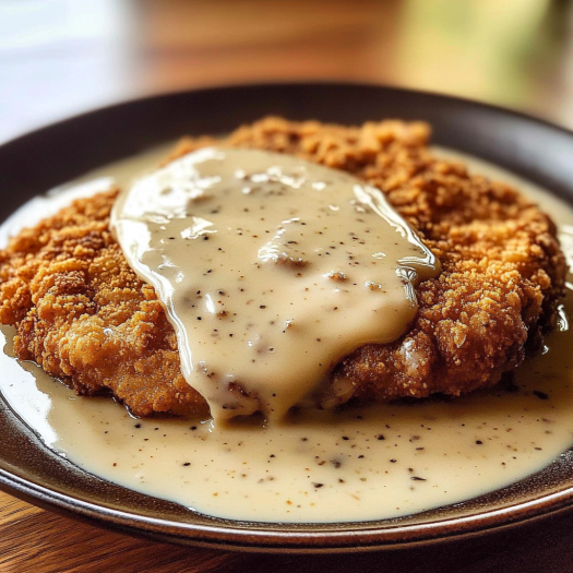 A plate of fried chicken covered in a creamy sauce, likely a cream gravy, is served on a wooden table.