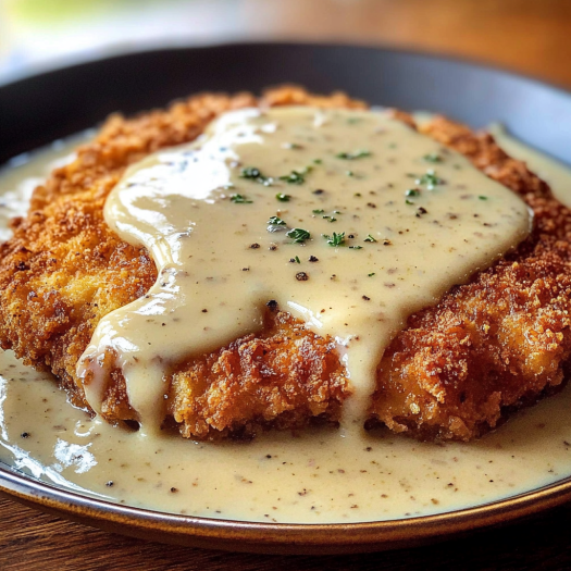 A delicious meal of chicken covered in a creamy sauce, served on a plate.