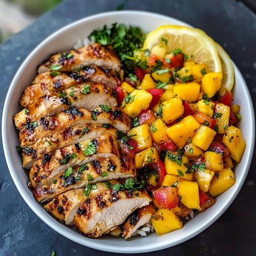 A bowl of food containing chicken, rice, and vegetables.