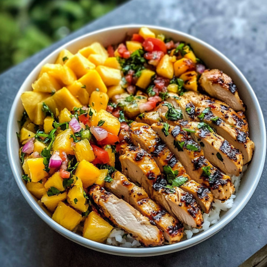 A bowl of food containing chicken, pineapple, tomatoes, and rice.