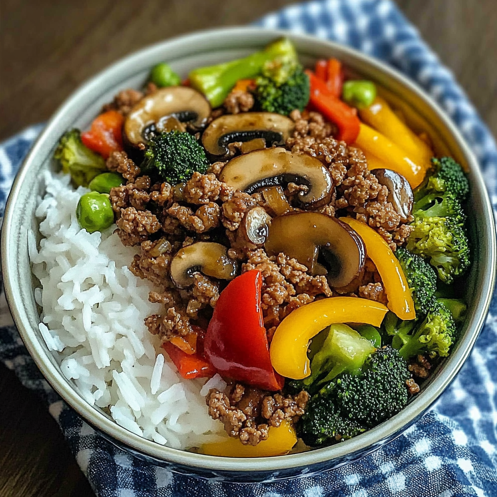 A bowl of ground beef and vegetable stir-fry, including broccoli, carrots, and peppers, is served on a table.