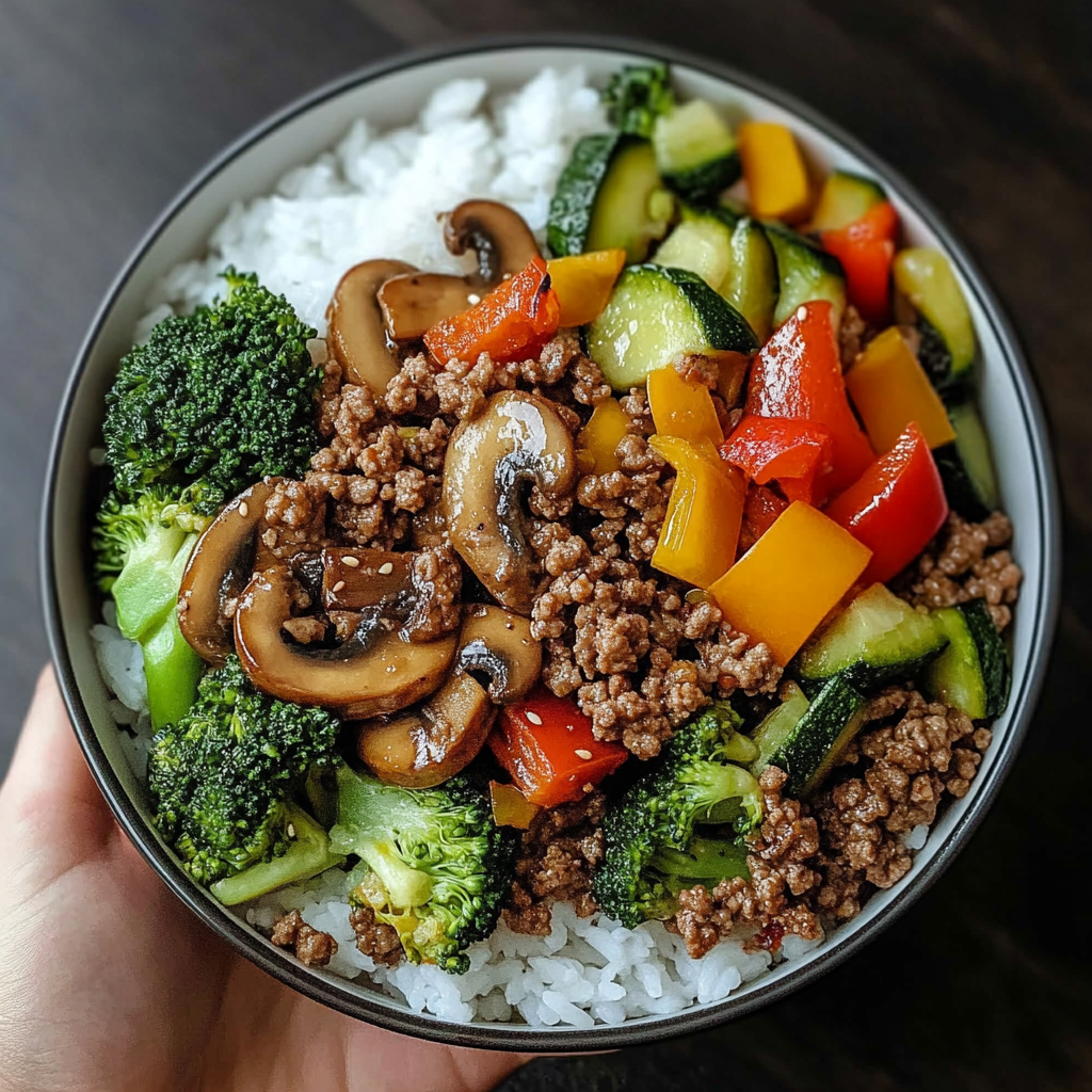 A person holds a bowl filled with a delicious stir fry of meat, vegetables, and rice.