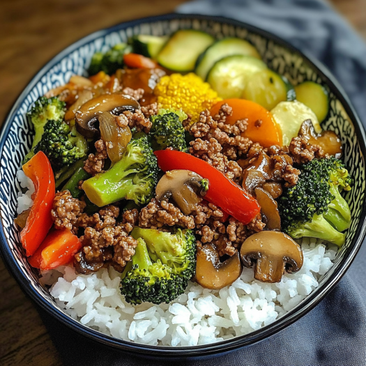 A bowl of stir fry with rice, broccoli, carrots, and mushrooms.