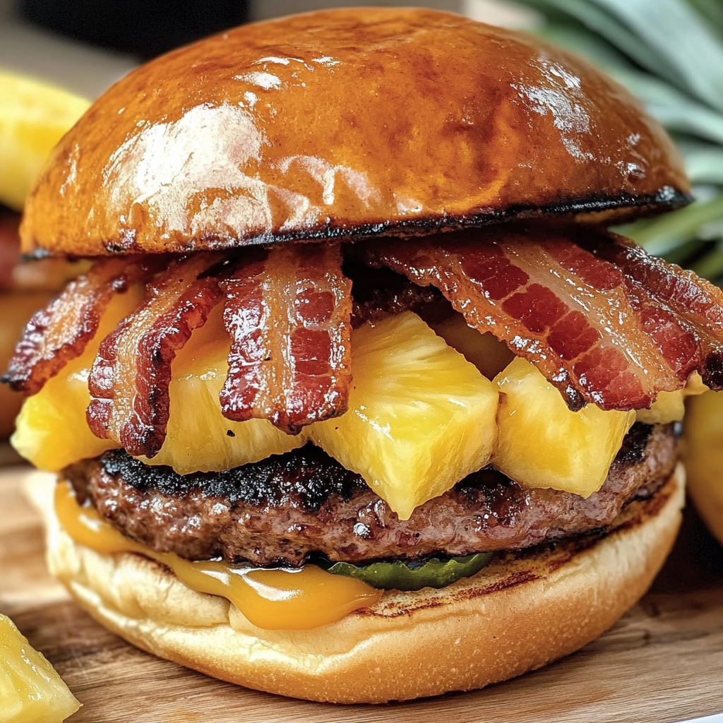 A delicious Pineapple Bacon Burger BBQ is served on a wooden table.