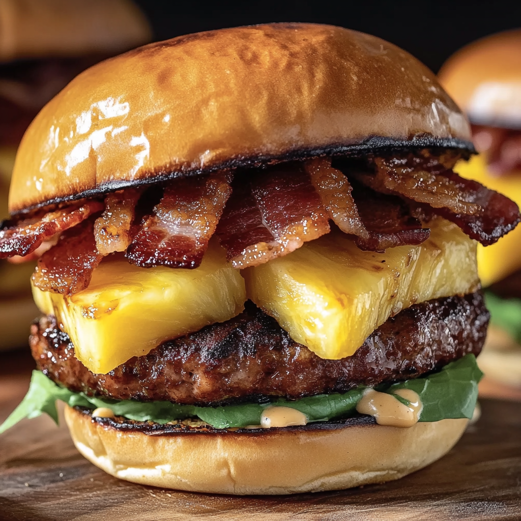 A close up of a Pineapple Bacon Burger BBQ, featuring a juicy hamburger patty, pineapple, bacon, and BBQ sauce.