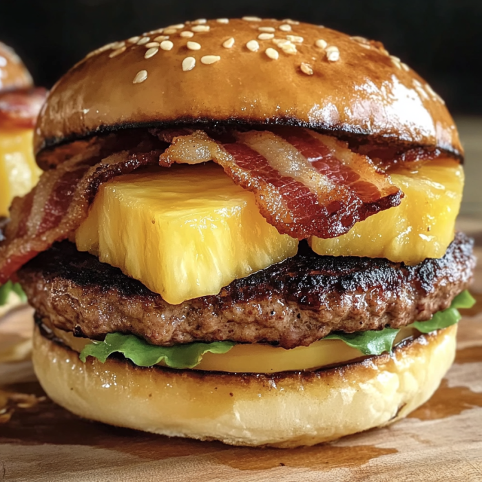 A close-up of a delicious Pineapple Bacon Burger BBQ, with a slice of pineapple and bacon on top.