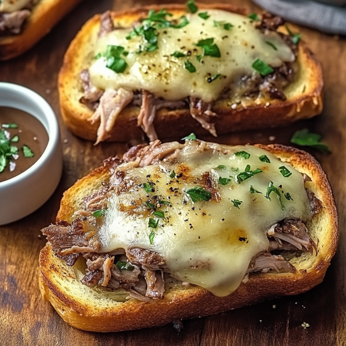 A close up of a sandwich with meat and cheese on a piece of bread.