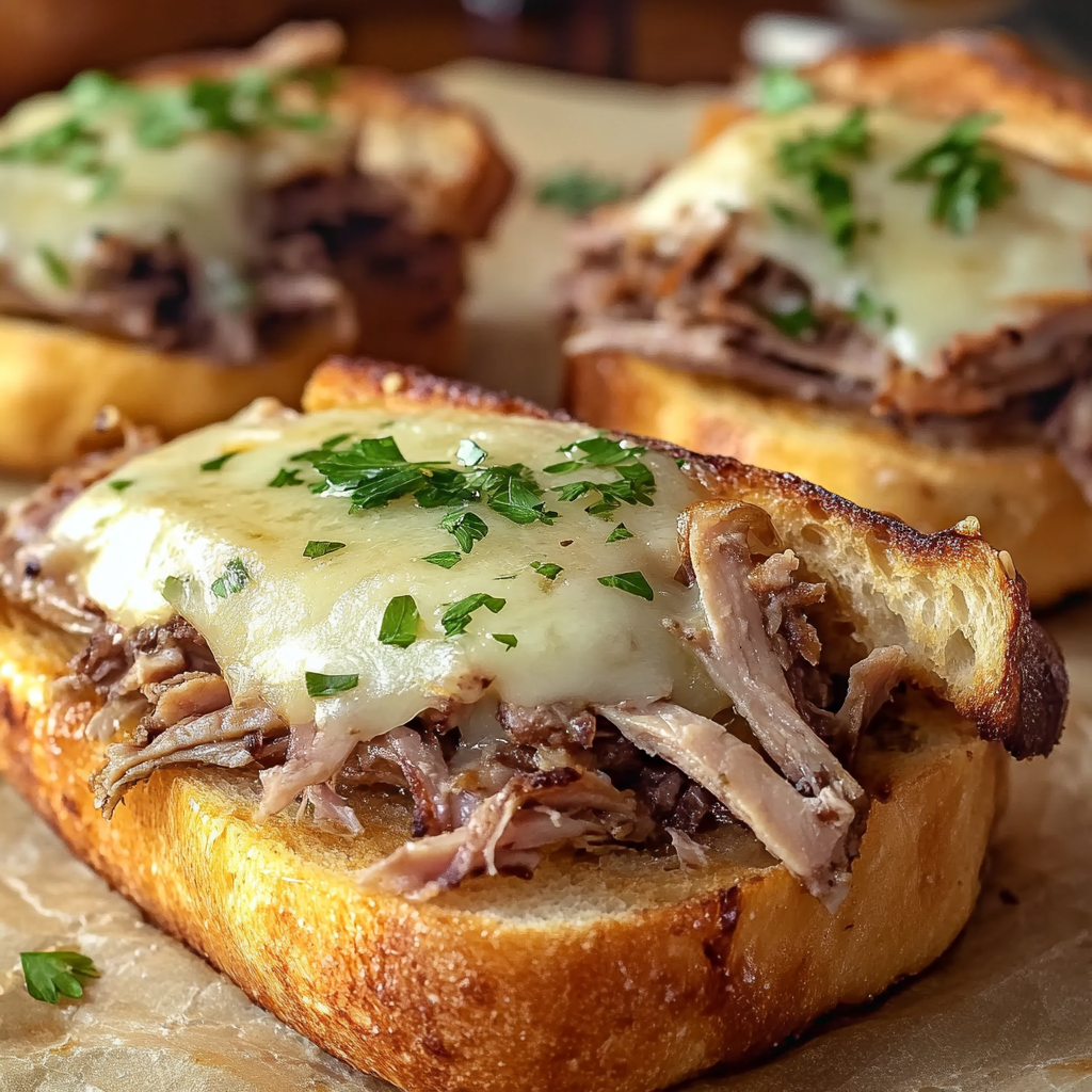 A close up of a delicious sandwich with meat and cheese, served on a piece of bread.