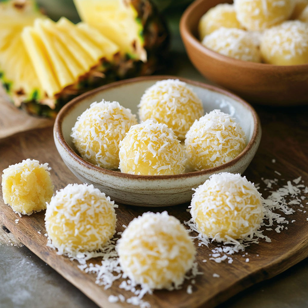 A bowl of coconut balls sits next to a pineapple.