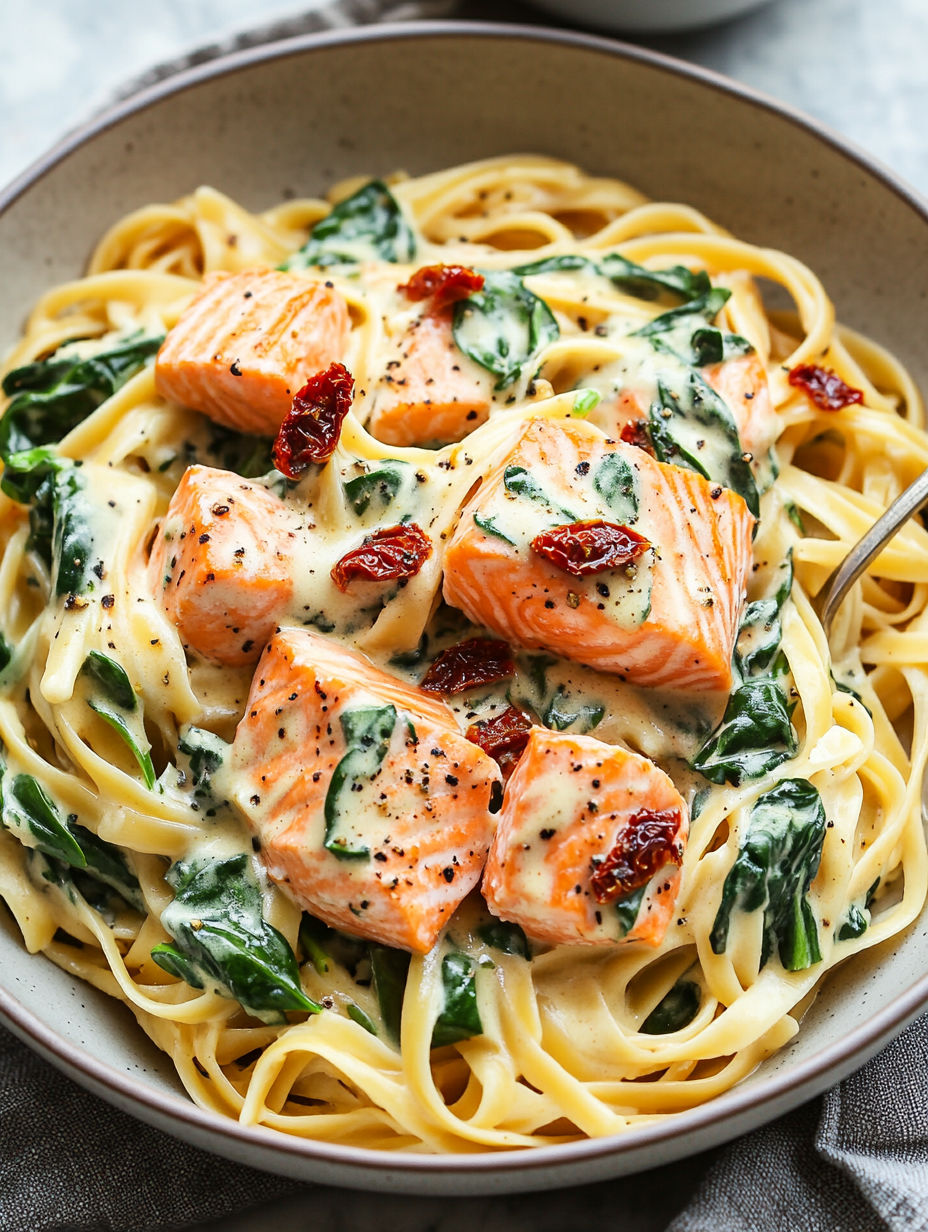 A bowl of pasta with salmon, spinach, and tomatoes.