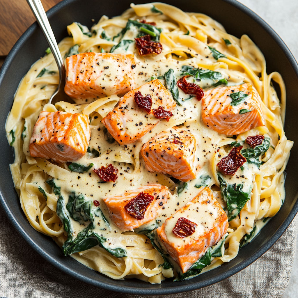 A bowl of pasta with salmon and greens, possibly a salmon and spinach dish.