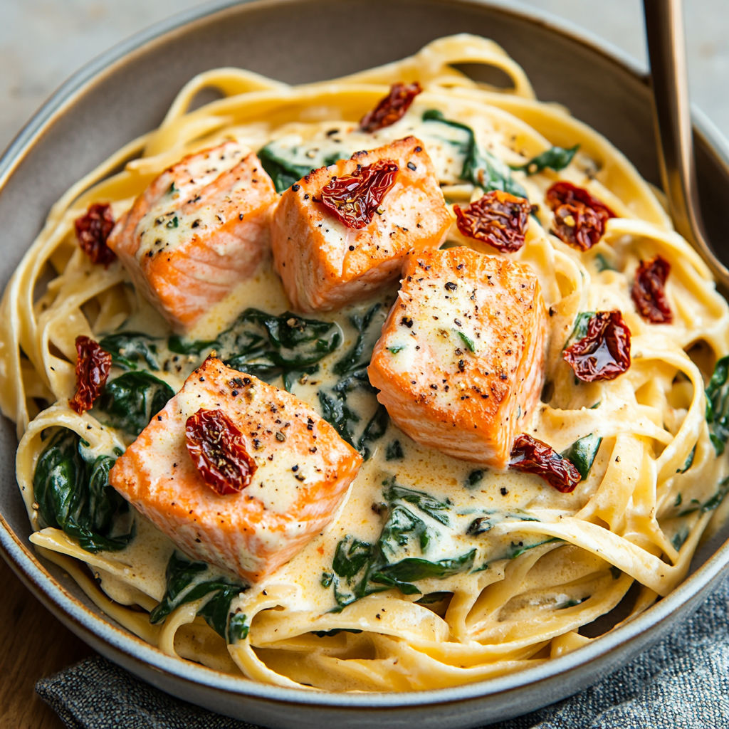 A dish of Creamy Tuscan Salmon Pasta with a fork on the side.