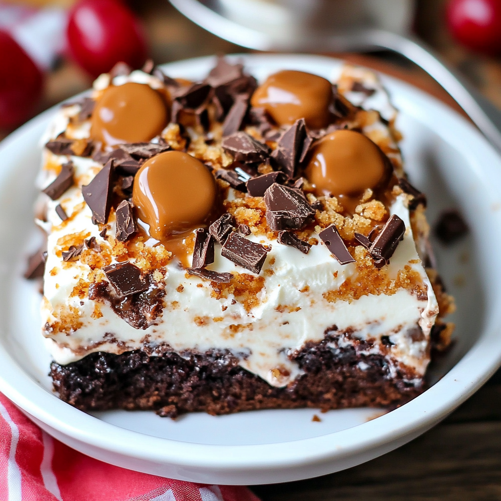 A slice of Butterfinger Bomb Cake with chocolate and caramel toppings.