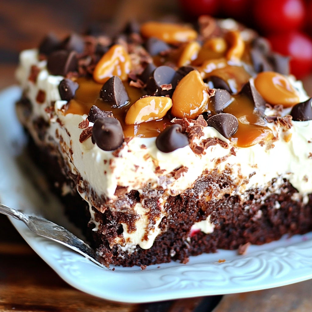 A slice of chocolate cake with caramel drizzle and topped with peanuts.