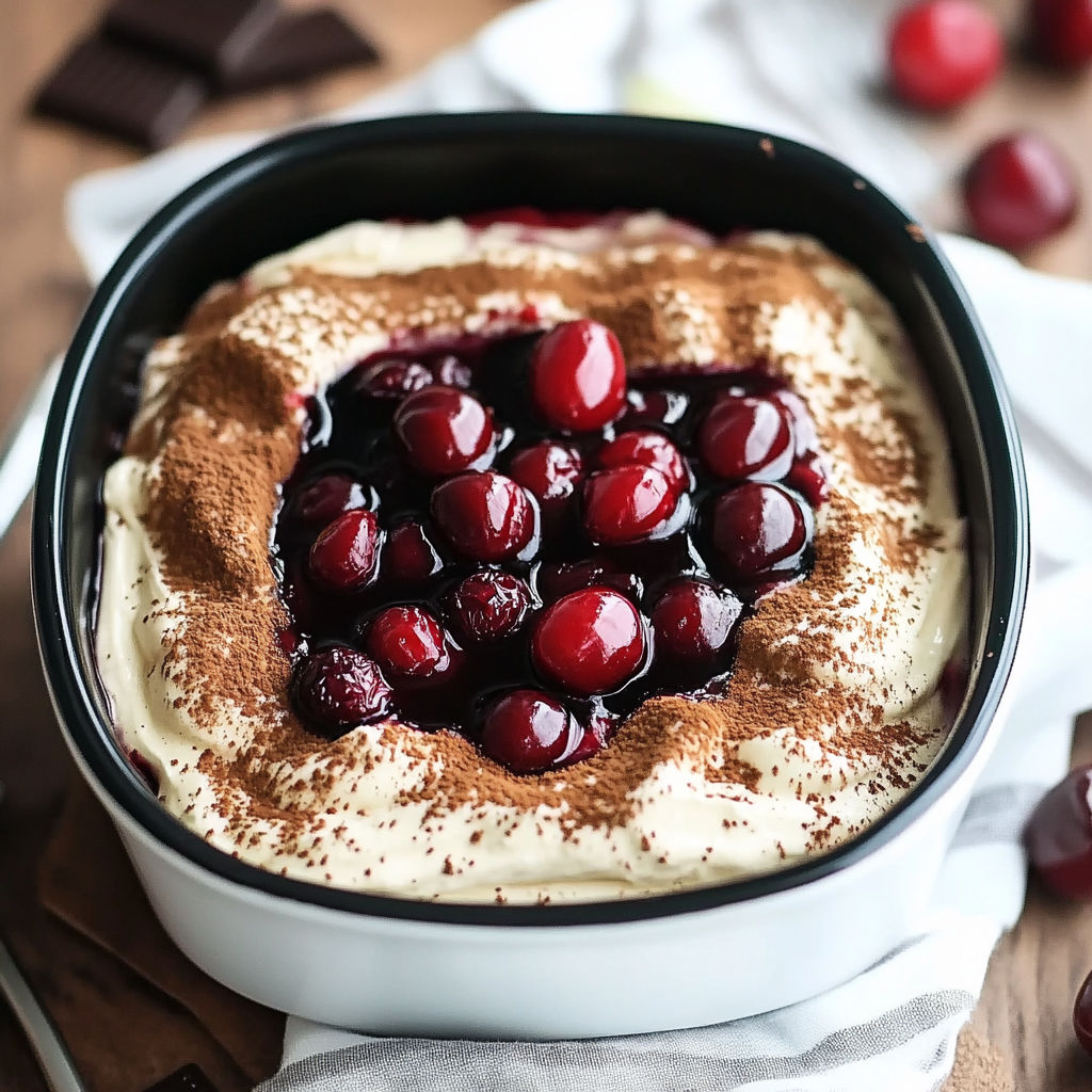 A close up of a delicious dessert, Cherry Amaretto Tiramisu, with a generous amount of cherries and chocolate.
