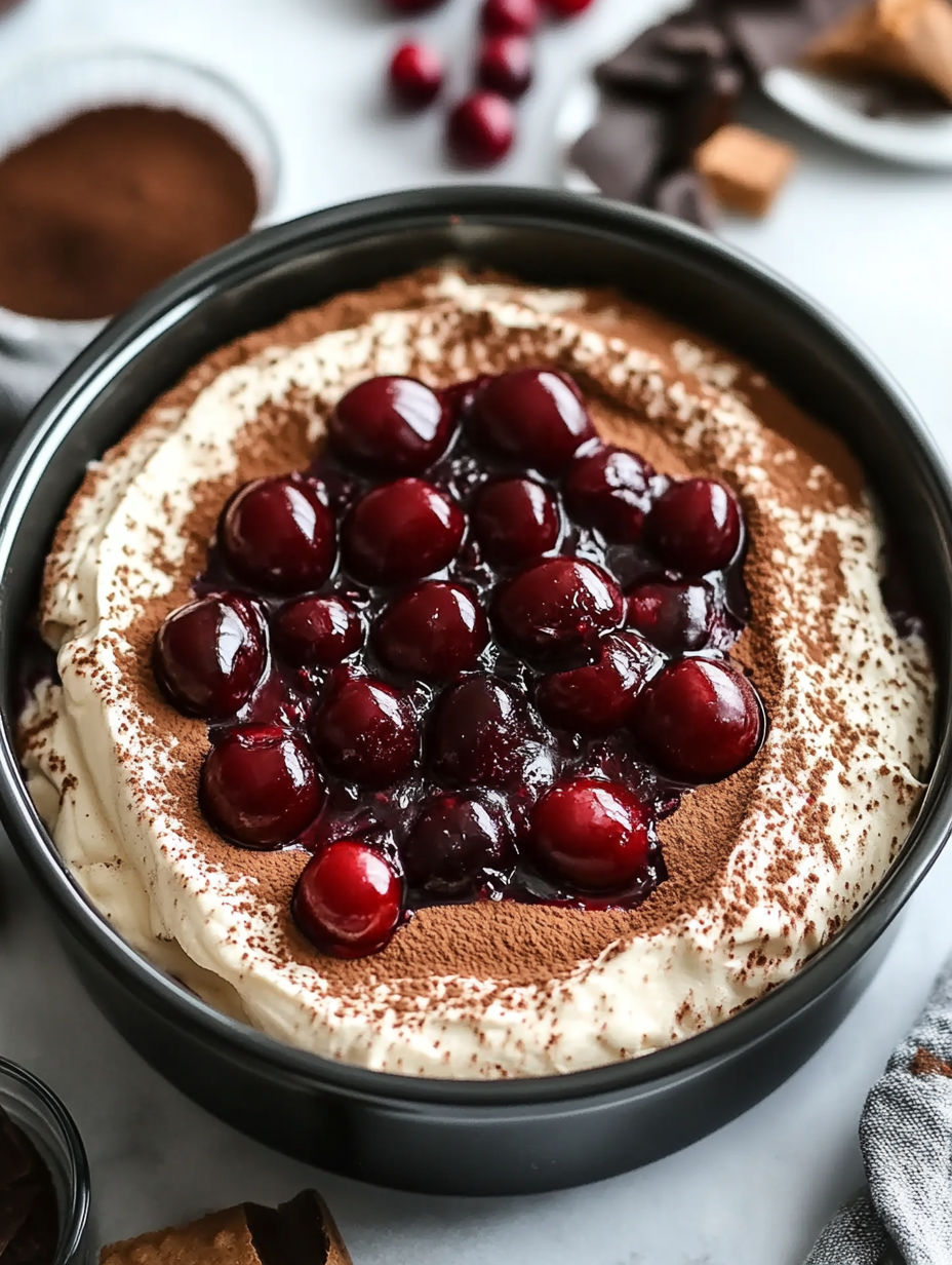 A close up of a delicious dessert, Cherry Amaretto Tiramisu, with a generous amount of cherries and chocolate.