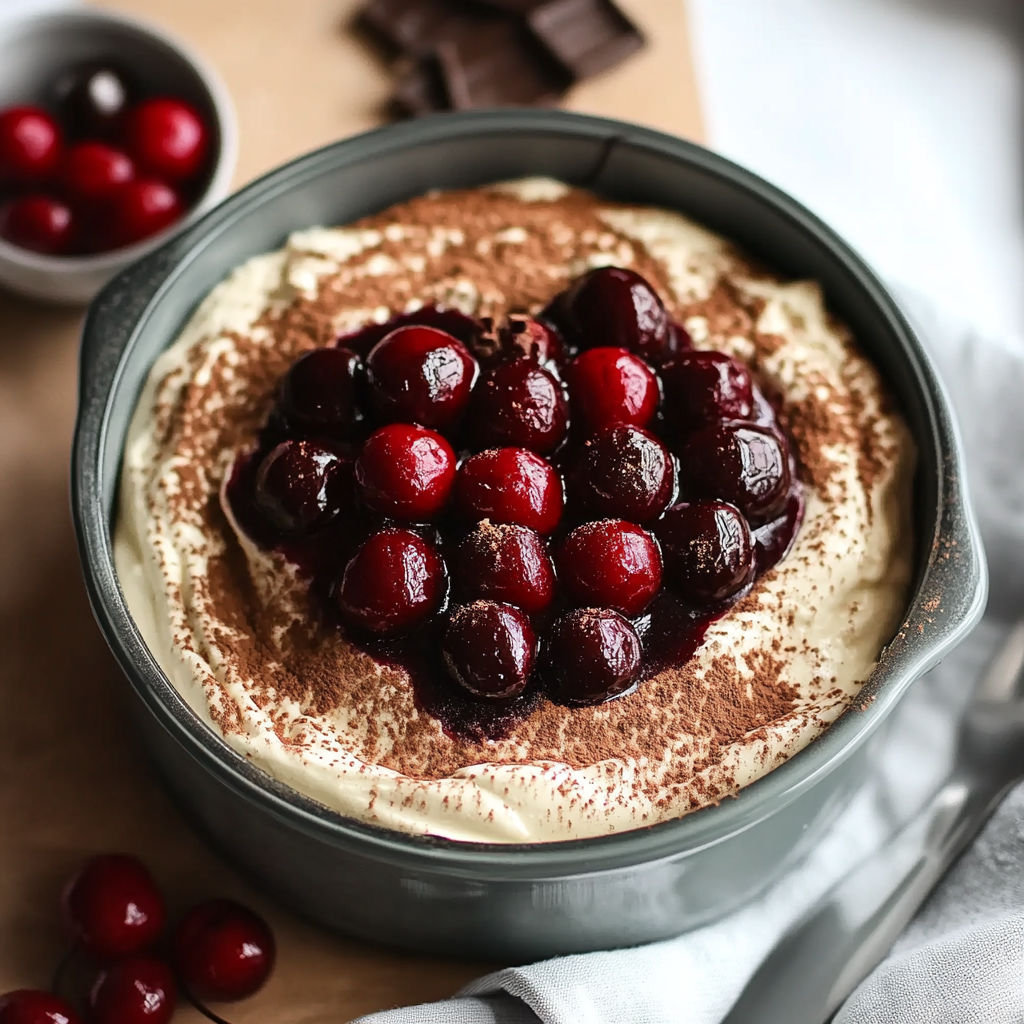 A bowl of Cherry Amaretto Tiramisu with a spoon on the side.