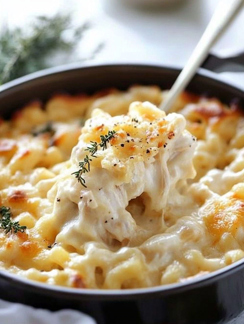 A bowl of macaroni and cheese with a sprig of parsley on top.