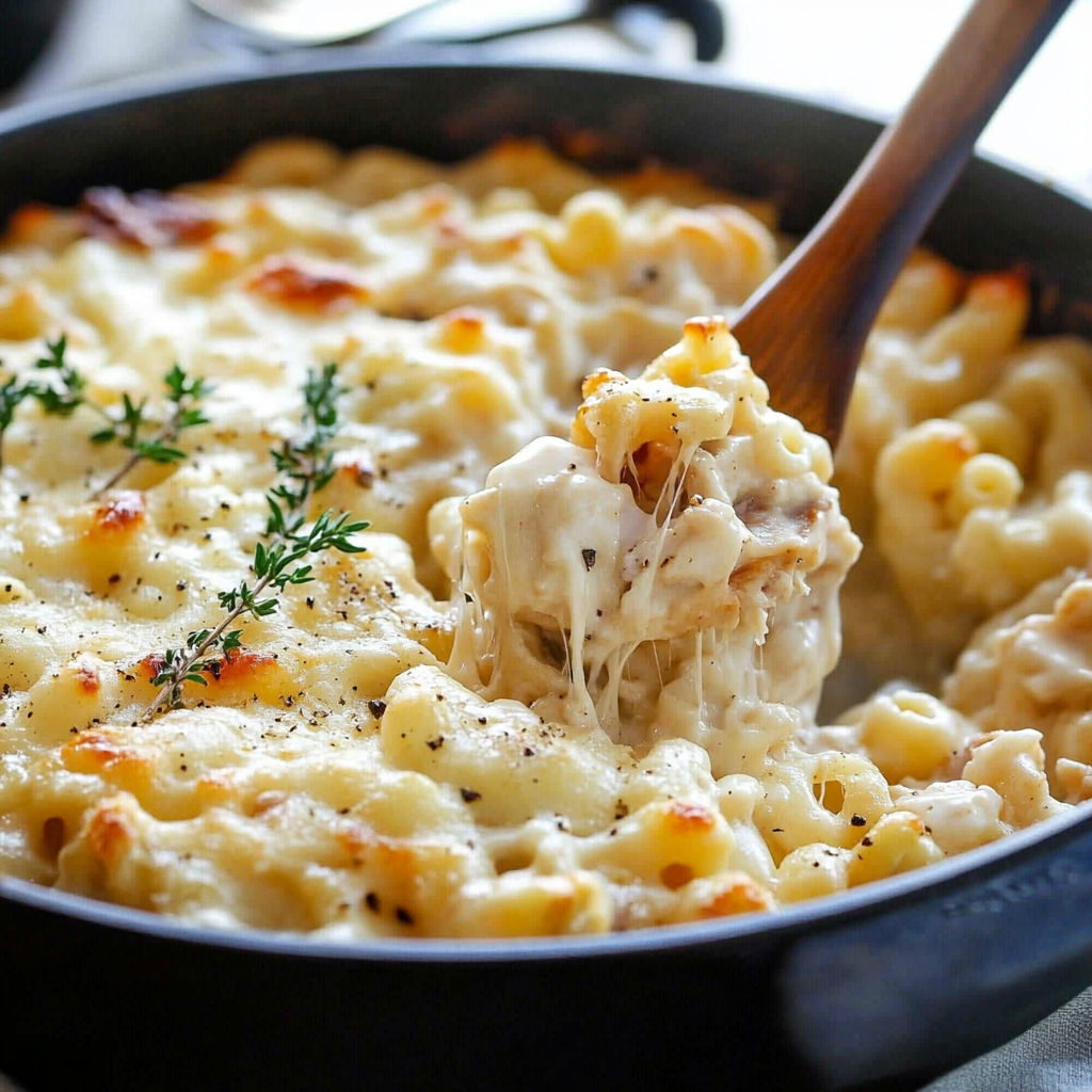 A close up of a delicious macaroni and cheese dish with a wooden spoon in it.