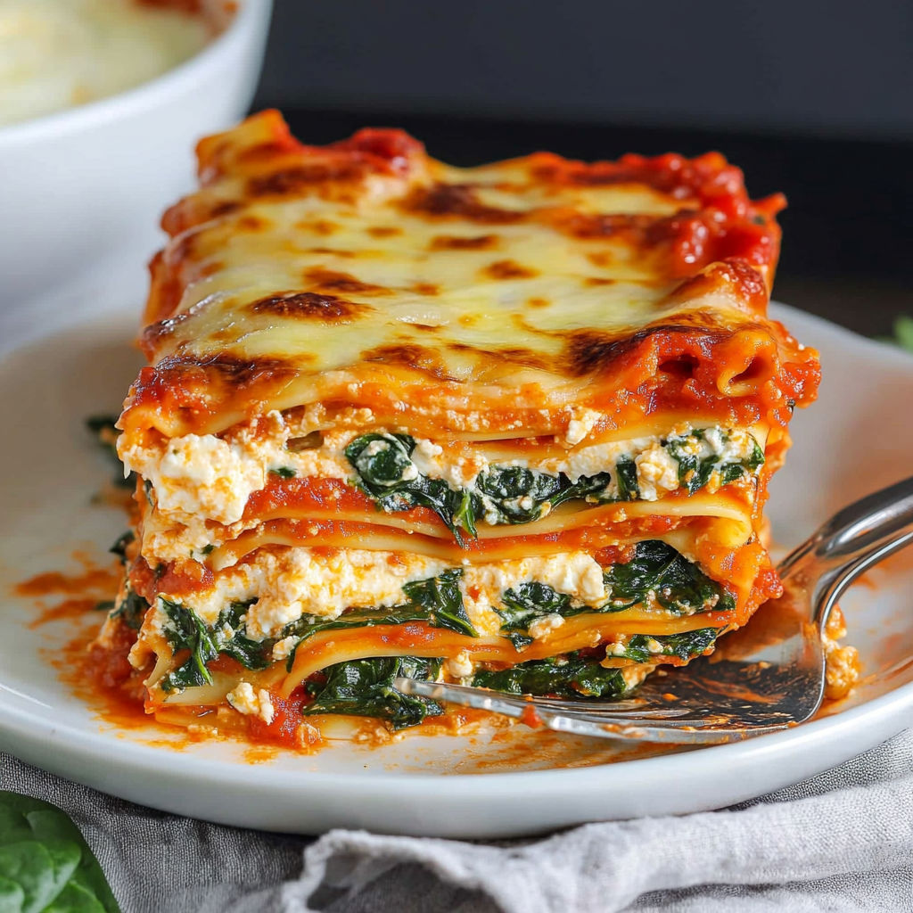 A slice of Ultimate Spinach Lasagna 3 Cheeses is served on a white plate.