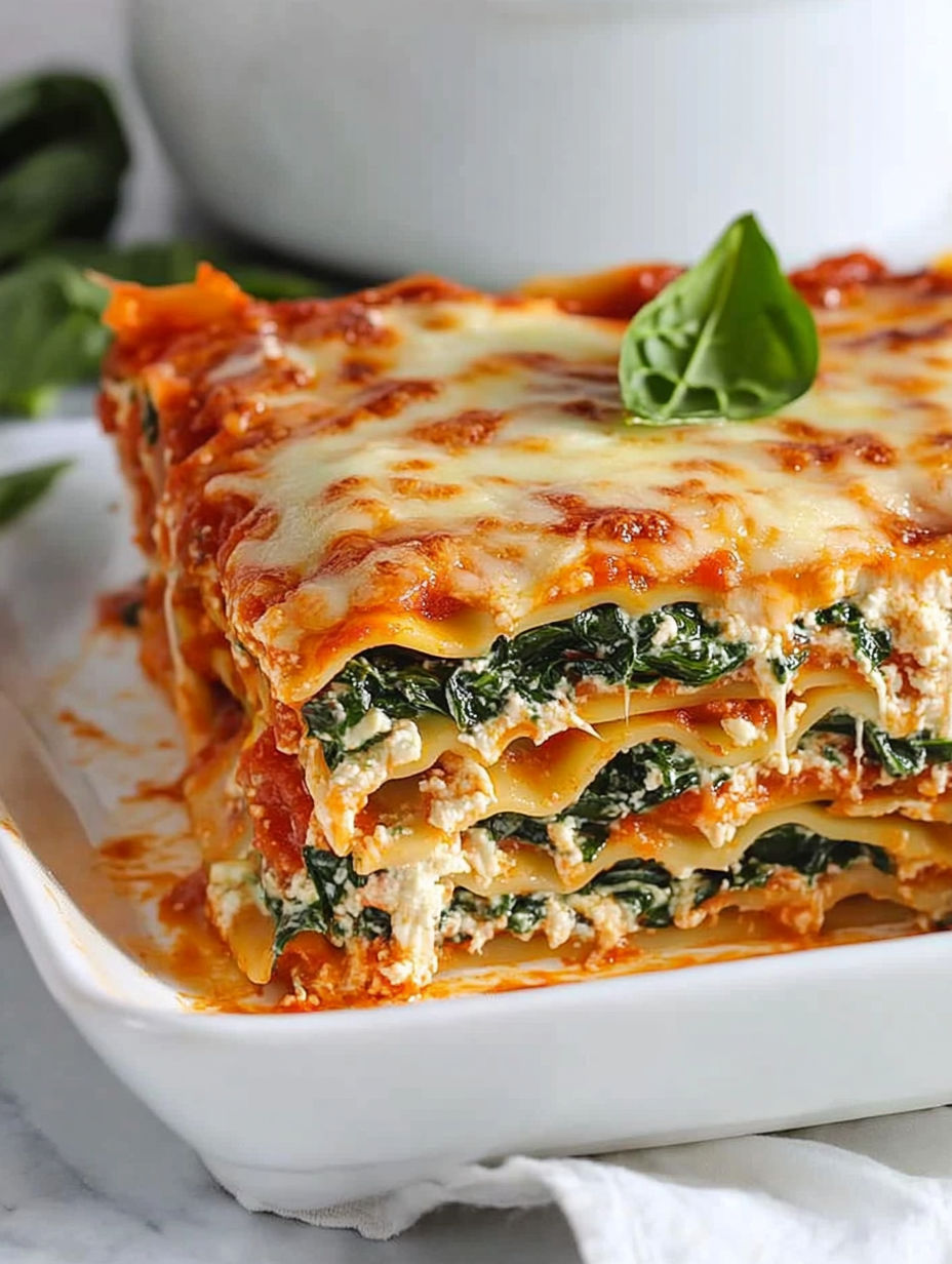 A delicious spinach lasagna with three cheeses on a white plate.