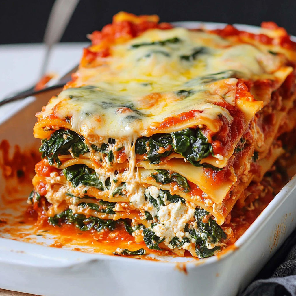 A delicious spinach lasagna with three cheeses, ready to be served.