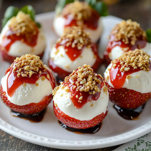 A plate of delicious strawberry cheesecake bites with a drizzle of chocolate sauce.
