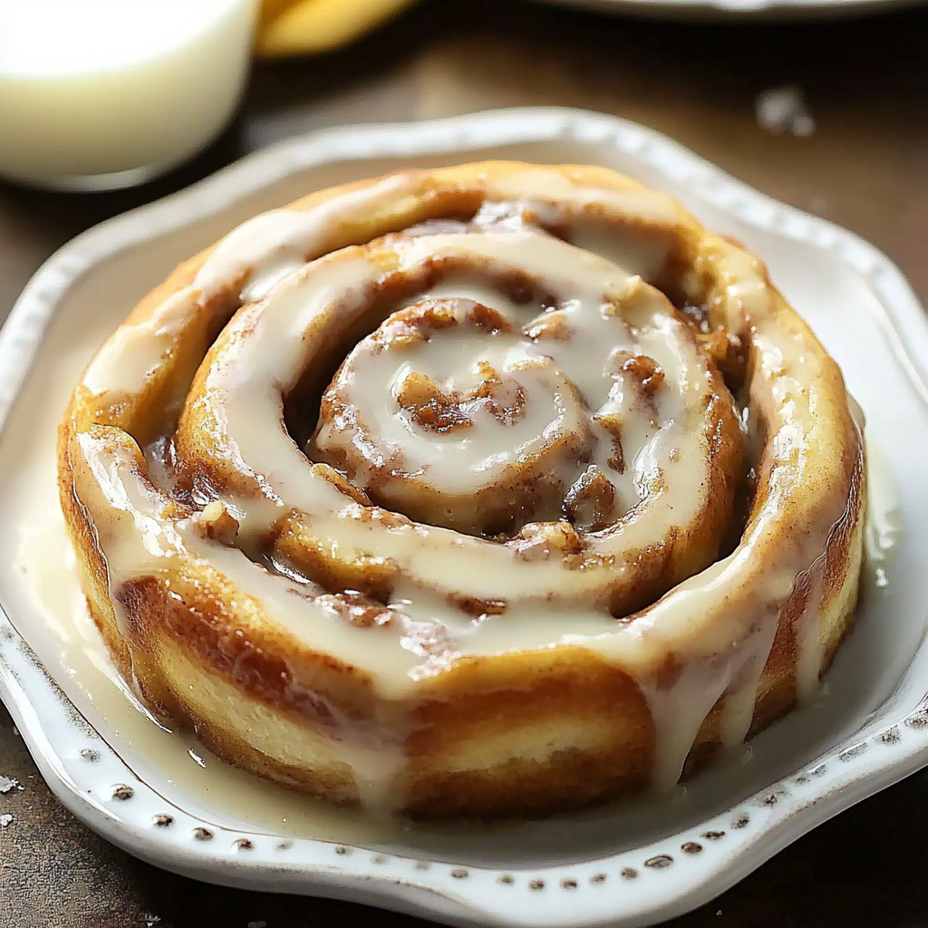 A white plate with a glazed cinnamon roll on it.