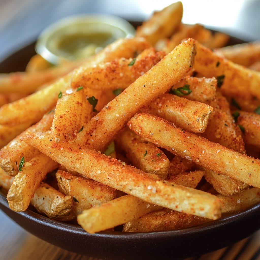 A bowl of french fries with a dipping sauce.