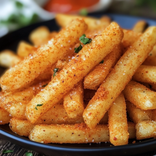 A bowl of french fries with a spoonful of ketchup on top.