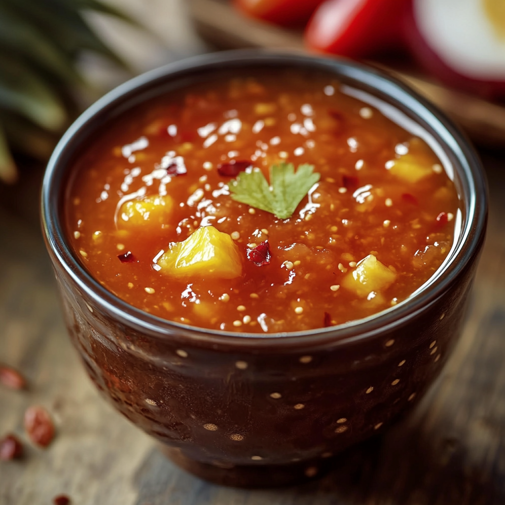 A bowl of soup with a spoon in it, containing pineapple and other ingredients.