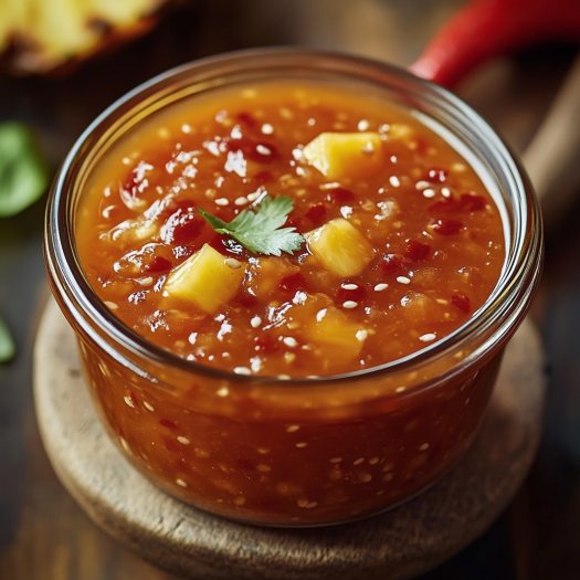 A glass bowl filled with a sweet and spicy sauce, topped with pineapple chunks and garnished with cilantro.