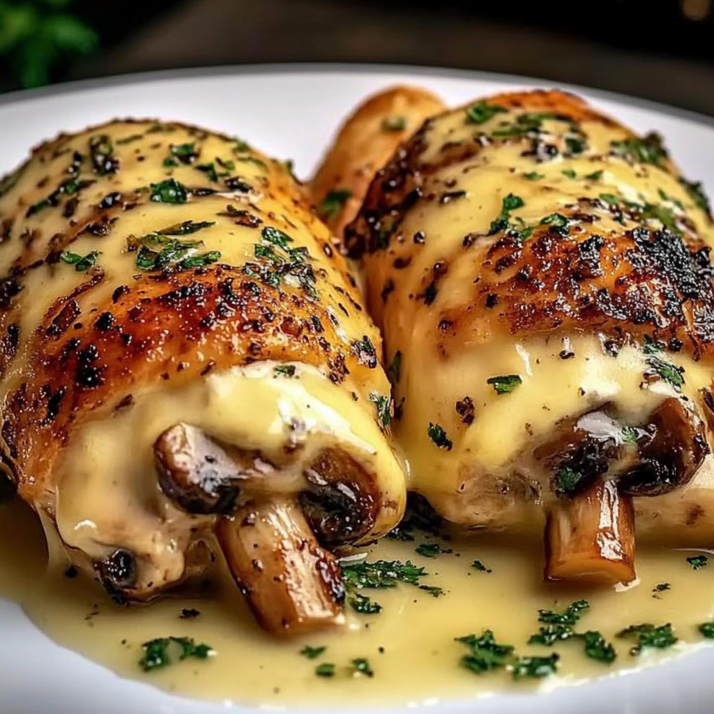 Two cheesy mushroom-stuffed chicken breasts on a plate with mushroom sauce on the side.
