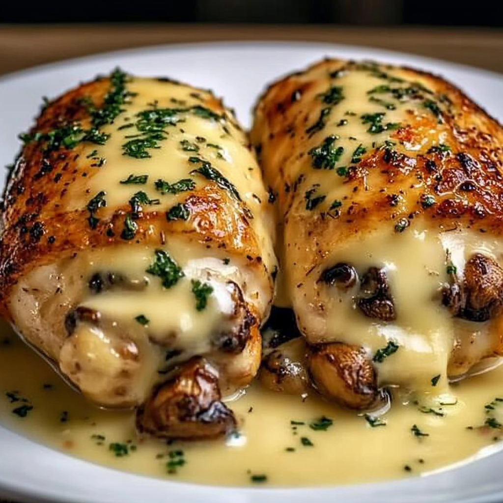 Chicken with cheesy mushrooms and sauce on a plate, ready to eat.