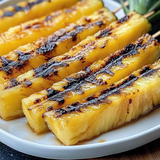 A delicious brown sugar grilled pineapple is served on a white plate.