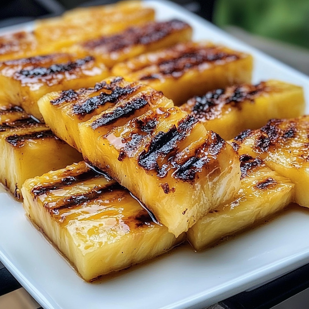 A white plate with grilled pineapple slices on it.